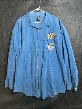Warner Bros. Men's Blue Plaid Chambray XXL Looney Tunes Embroidered Shirt